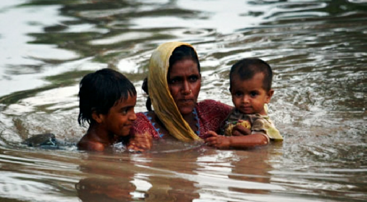 child and mother in flood